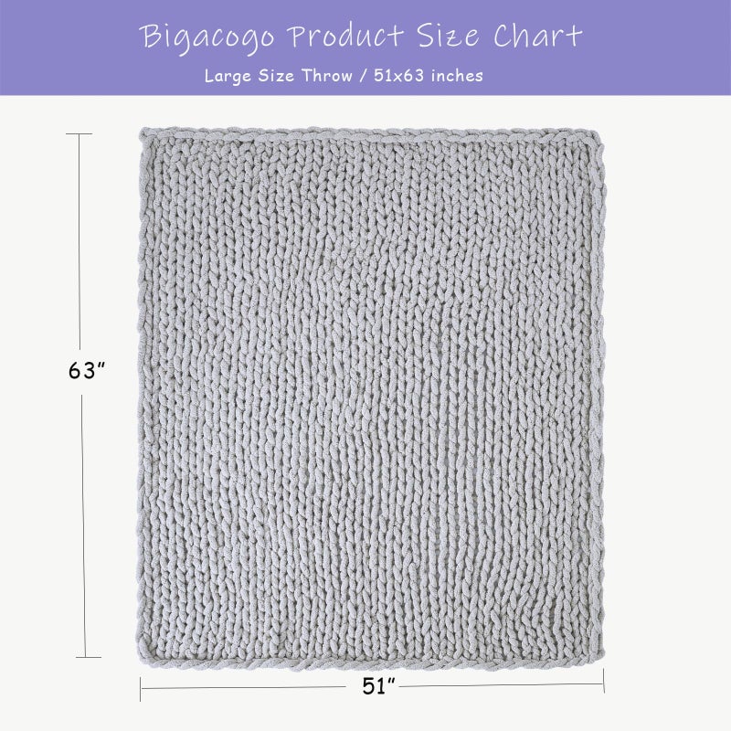 Bigacogo بطانية متماسكة مكتنزة للأريكة 51 × 63 بوصة 100٪ محبوكة يدويًا بخيوط الشنيل الجامبو السميكة الدافئة الناعمة الكبيرة حبل عقدة كابل بطانيات الكروشيه للأريكة سرير غرفة المعيشة رمادي فاتح - Image 2